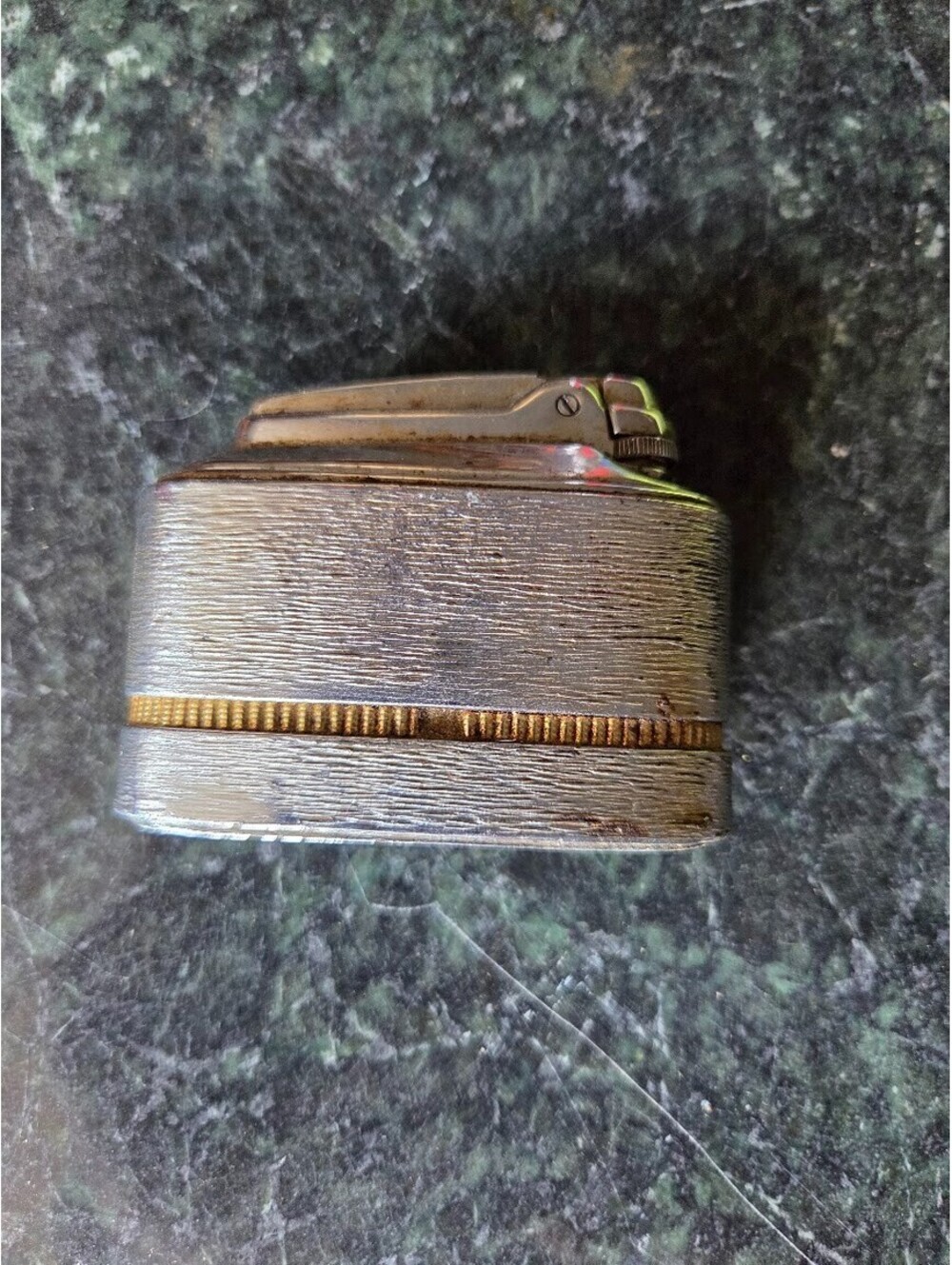 Vintage Mid Century Table Lighter – Brushed Metal Case w/ Brass Accent Band